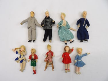 Lot of 9 Vintage Doll House Dolls & Wood Highchair