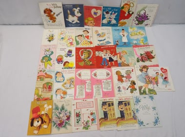 Lot of 30 Vintage Greeting Cards with Glitter & Attached Embellishments