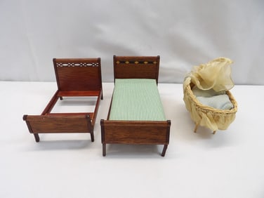 Lot of 3 Wooden Doll House Furniture, 2 Beds, 1 Cradle