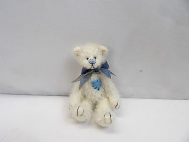 Vintage Miniature Mohair Jointed Teddy Bear with Blue Bow & Heart Applique