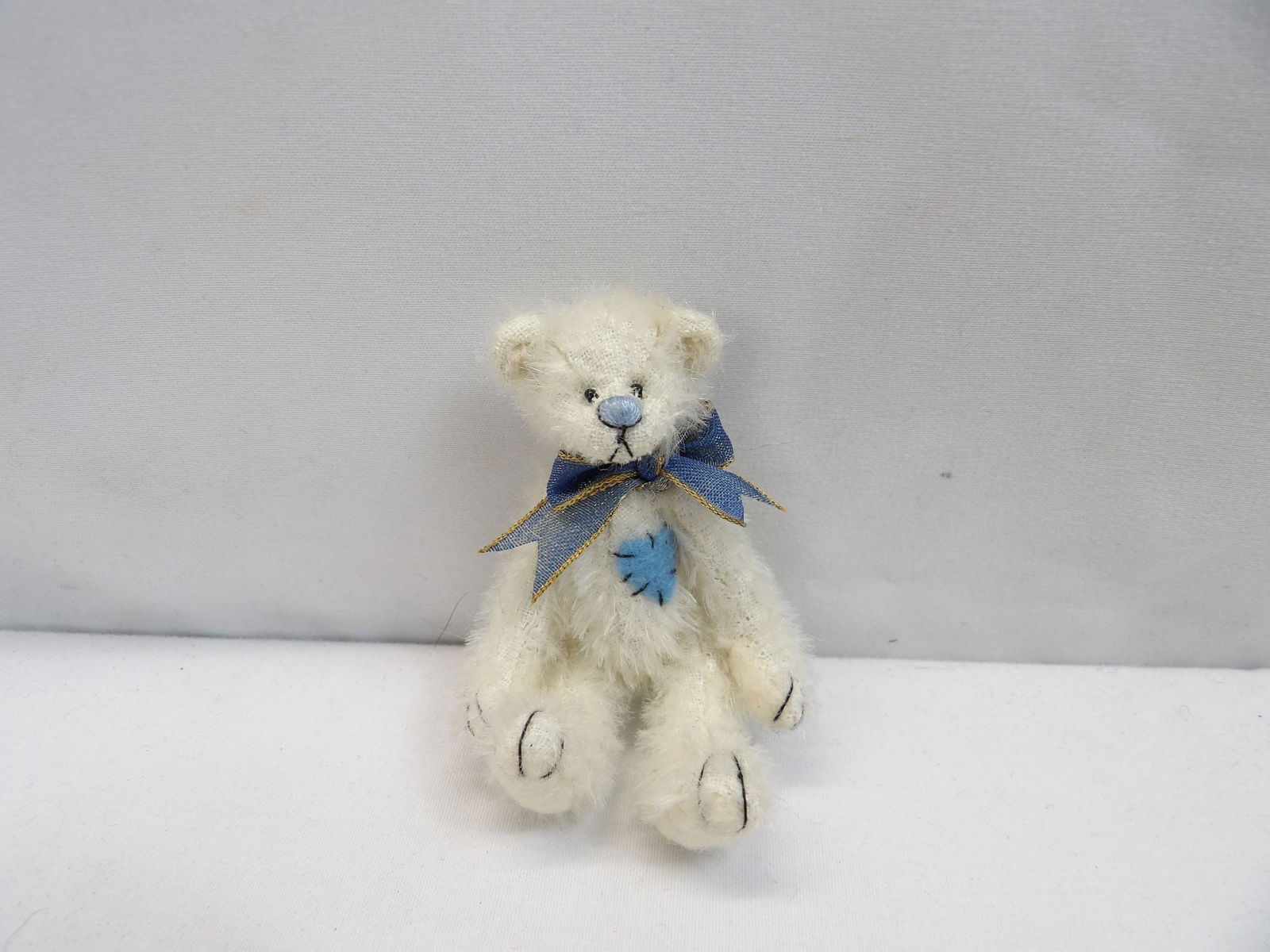 Vintage Miniature Mohair Jointed Teddy Bear with Blue Bow & Heart Applique (1 of 7)