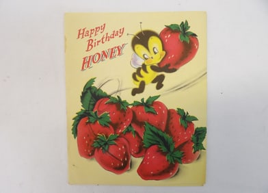 Vintage 1949 Fold Out "Happy Birthday Honey" Card with Bee's & Strawberries