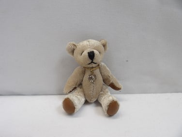 Vintage Miniature Jointed Teddy Bear with Leather Paws & Rhinestone Necklace