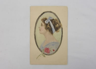 Vintage 1911 Hand Painted Watercolor Girl with Rose Postcard