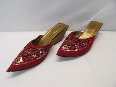 Vintage Robert Clergerie Red Square Angled Heel Pointed Toe Sequin & Beaded Slip On Shoes