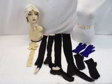 Vintage Lot of Accessories, Gloves, Antique Stockings, Belt & Bonnet
