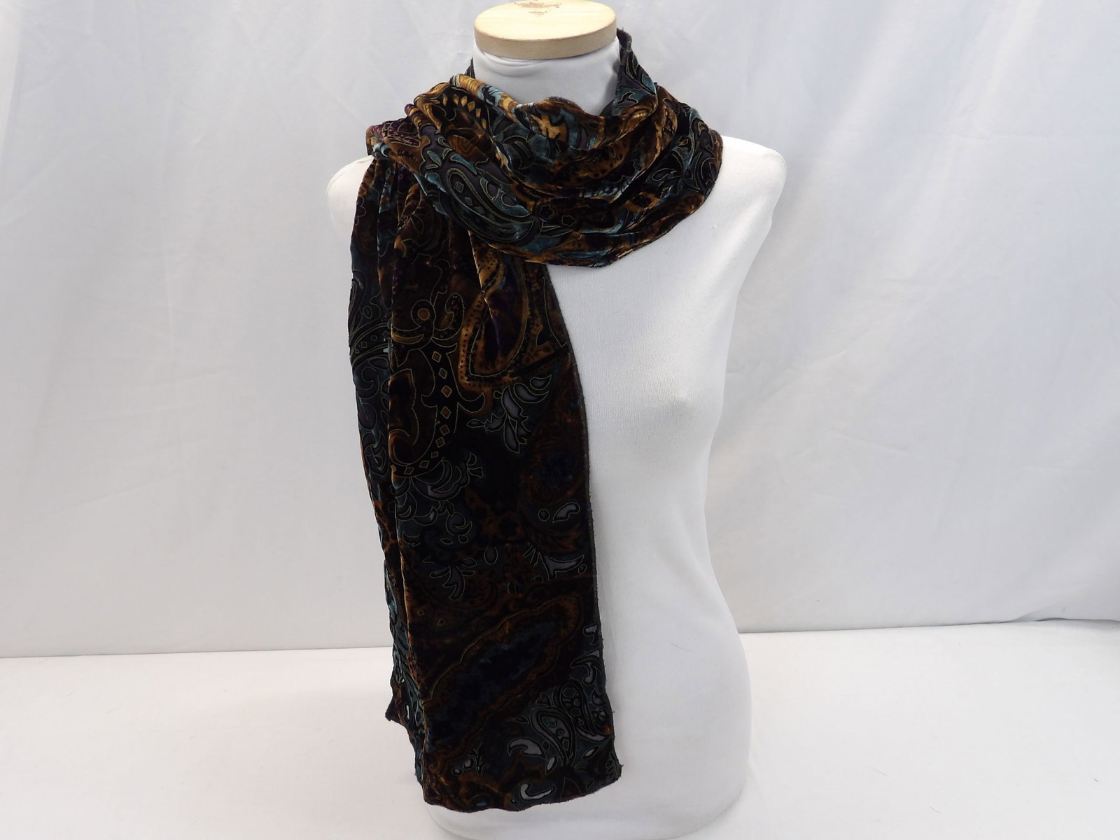 Vintage Cut Velvet Shawl/Scarf, Brown, Black & Blue: approx. 11 1/2 x 57, good condition, see photo's