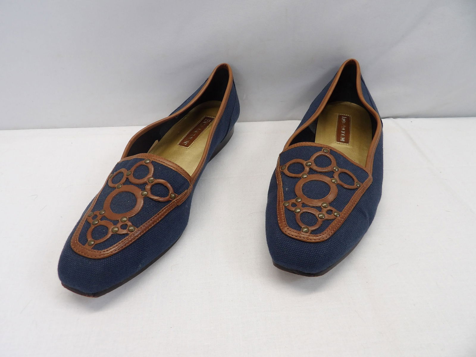 Vintage Enzo Angiolini Blue Canvas & Leather Studded Loafers: size 9 1/2, good worn condition, see photo's
