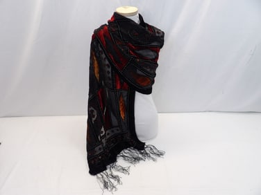 Vintage Cut Velvet Black, Bronze & Red Shawl with Fringe