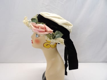 Unusual Antique Wire Frame Hat with Black Velvet & Silk Rose