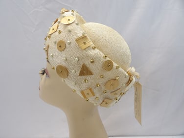Vintage 1960's Sally Victor for Sally Champagne Color Wicker Hat with Wood Bead Embellishments
