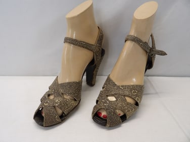 Vintage Lizard Skin 1940's Strappy Heel Peep Toe Shoes
