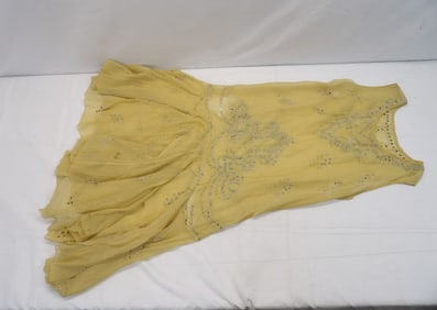 Vintage 1920's Yellow Silk Flapper Dress with Rhinestones