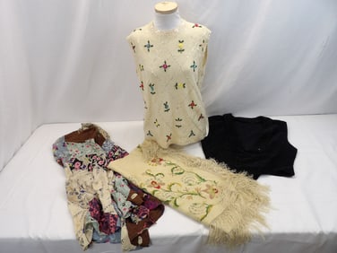 Lot of Vintage Clothing & Embroidered Fringe Shawl