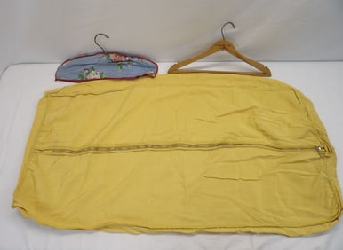 Lot of 2 Vintage 1940's Wooden Hangers 1 with Shoulder Cover & Cloth Clothing Bag