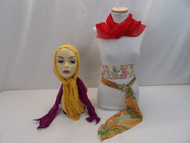 Lot of 2 Vintage Scarfs & 3 Silk Belts