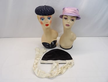 Lot of 3 Vintage Hats Including 1920's Black & White Silk Cloche/Bonnet