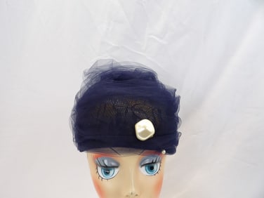 Vintage 1950/60's Bee Jones Blue Tulle Hat with Large Pearl Pin