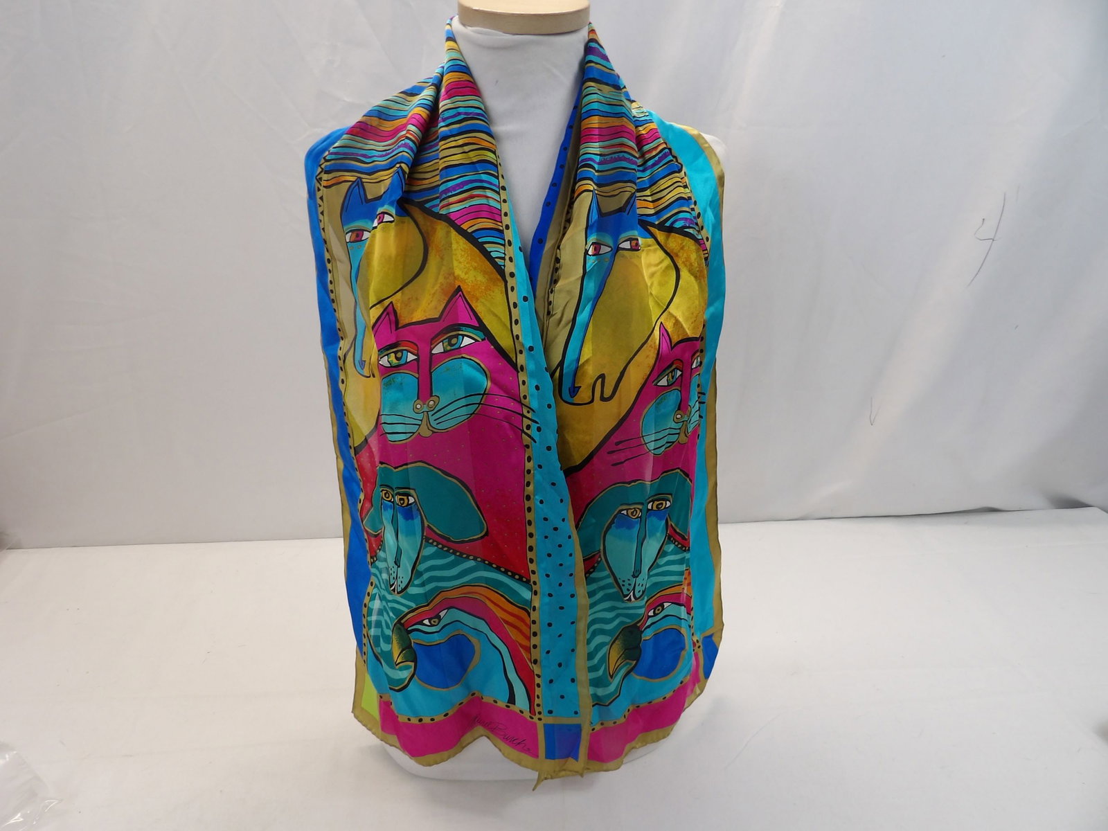 Vintage Laurel Burch Silk Scarf, Colorful Cat, Dog & Bird Print (1 of 4)
