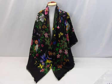 Vintage Gucci Black Shawl With Flowers, Butterflies, Grasshoppers & more
