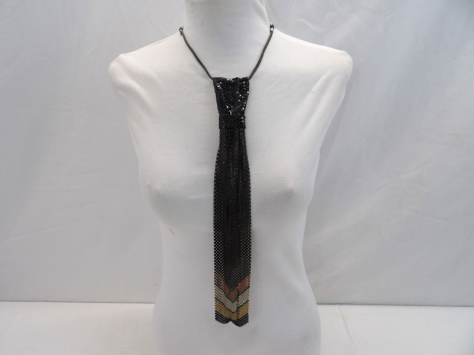 Vintage Whiting & Davis Black, Gold, Silver, & Copper Mesh Tie: approx. 13 1/2 inches long, see photo's