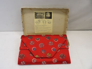 Vintage Red Silk Floral Amita Jewelry Clutch, Old Store Stock with Original Box