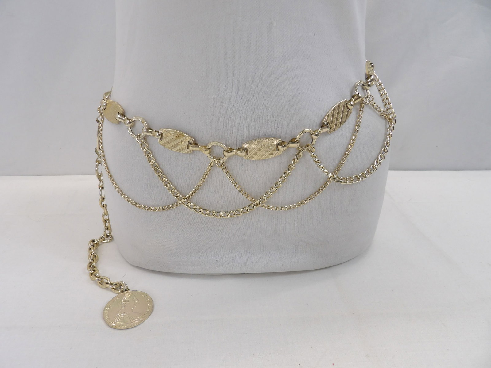 Vintage Gold Tone Swag Style Belt with Medallion: approx. 31 to 38 inches, see photo's