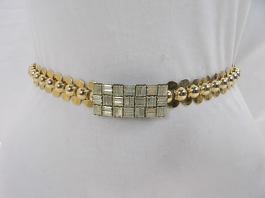 Vintage Gold Tone Linked Belt with Rhinestone Buckle