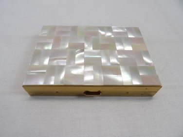 Vintage Schloss & Hausmann, Mother of Pearl Compact with Powder, Lipstick, & Small Bag, Never Used