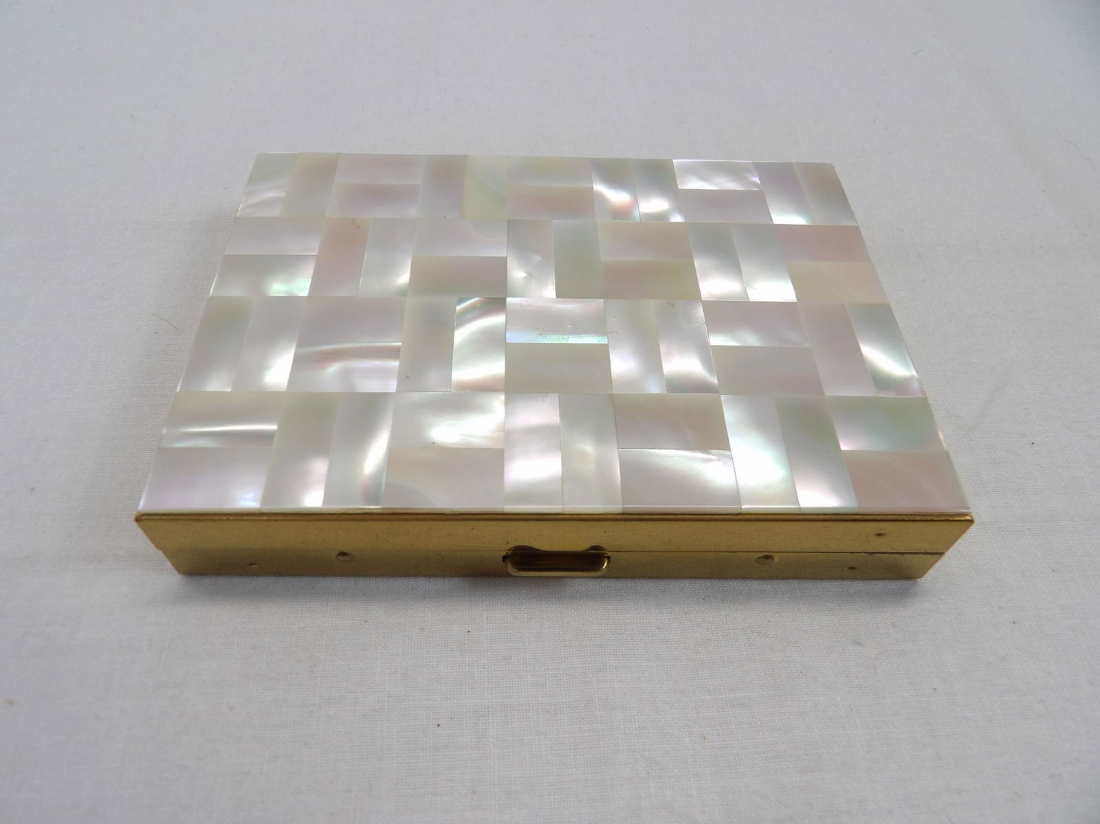 Vintage Schloss & Hausmann, Mother of Pearl Compact with Powder, Lipstick, & Small Bag, Never Used (1 of 6)