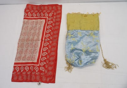 Lot with Vintage Paisley Print Scarf & Beaded Fringe Draw String Bag