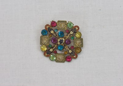 Fabulous Antique Gold Tone Enamel Button with Colorful Rhinestones