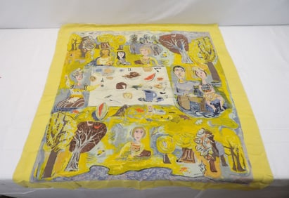 Vintage Arnold Blanch Silk Hand Rolled Scarf with People Having Picnic