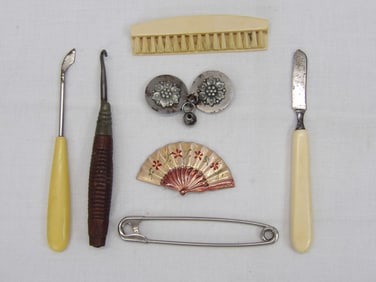 Lot of 7 Vintage Accessories Including Manicure Items, Fan Clip & Belt Buckle