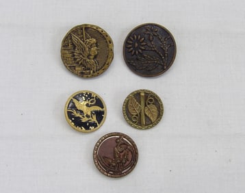 Lot of 5 Antique Buttons, Angel, Floral & Bird