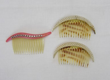 Lot of 3 Vintage Hair Combs, Pink with Rhinestones, 2 Pearl Beaded