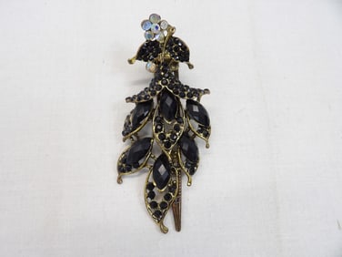 Large Vintage Gold Tone Black Jet Glass Beaded & Opal Rhinestone Barrette