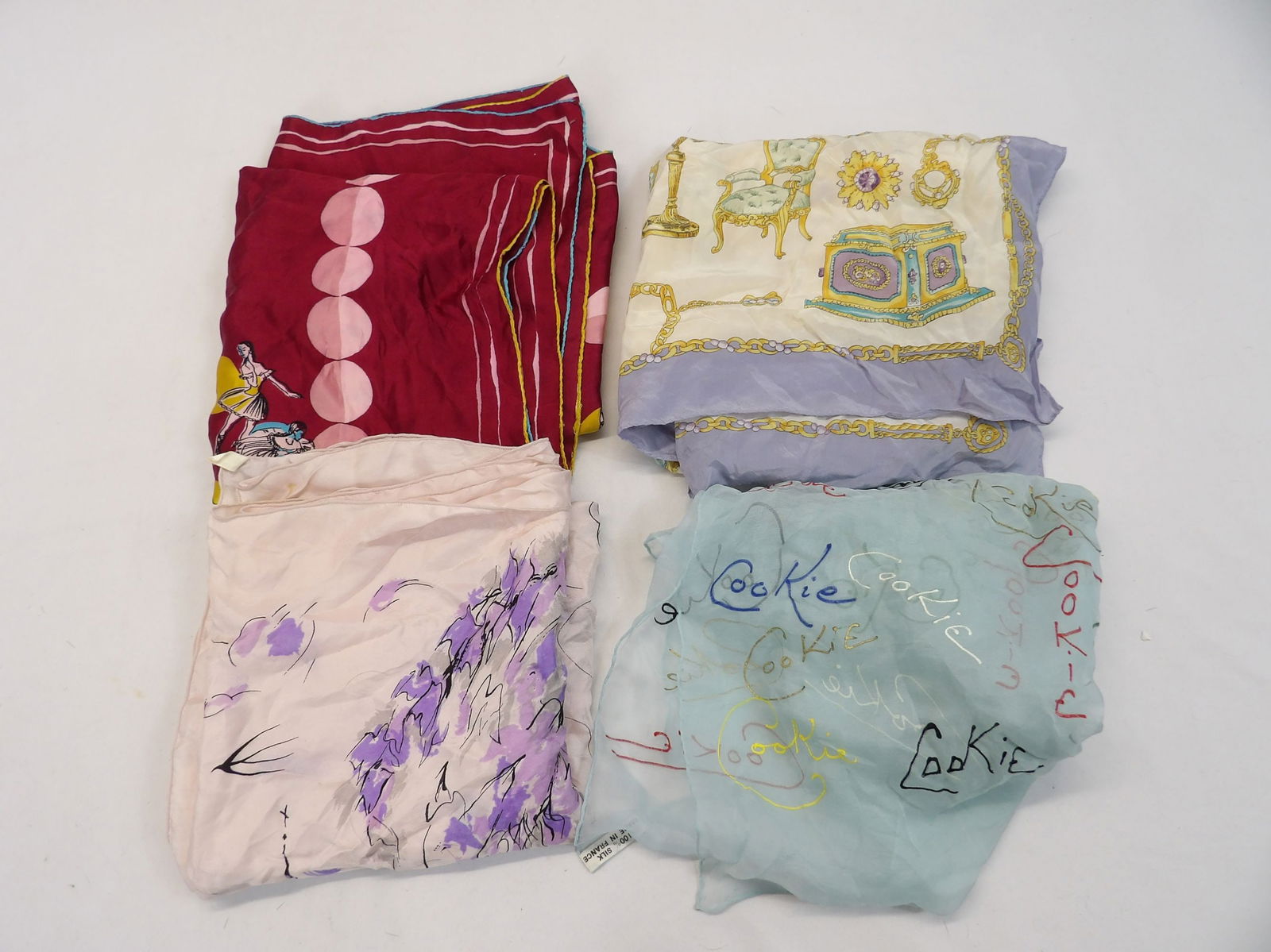Lot of 4 Vintage Silk Scarfs, Adrienne Vittadini, Ballerina, Paris, & Hand Painted "Cookie" (1 of 14)
