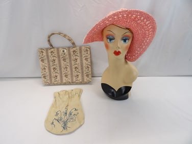 Lot with Vintage Panama Jack Beach Hat, Margaret Smith Purse, & Draw String Embroidered Bag