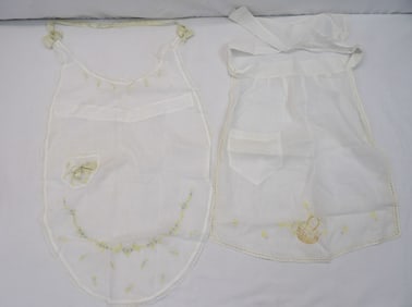 Lot of 2 Vintage White Embroidered Apron & Bid Style Apron