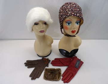 Lot of Vintage Accessories, 2 PR Leather Gloves, Fur Purse, Hat & Headband