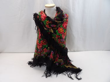 Vintage Fringed Shawl Bright Colored Flowers on Black Light Weight Wool