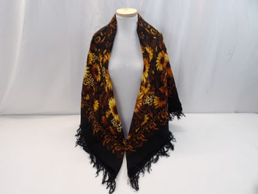Vintage Black & Gold Sunflower Shawl, Light Weight Wool with Fringe