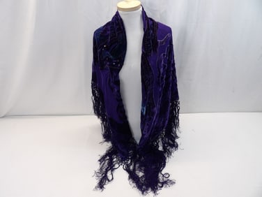 Stunning Vintage Purple Butterfly Cut Velvet Beaded & Sequin Shawl with Fringe