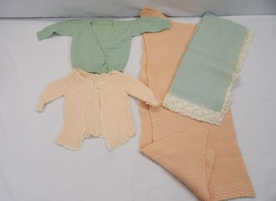 Lot of 2 Hand Knit Baby Sweaters, 1 Hand Knit Baby Blanket & 1 Woven