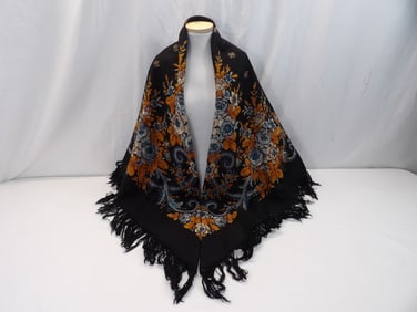 Large Light Weight Wool Black Fringe Shawl with Blue Flowers & Golden Brown Leaves