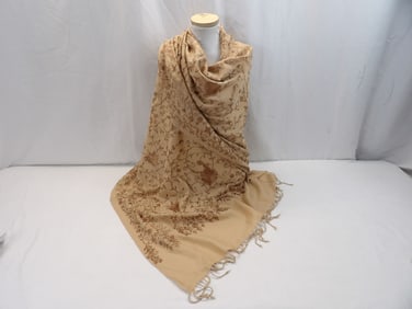 Vintage Brown Embroidered Shawl with Fringe