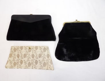Lot of 2 Vintage Black Velvet Clutches & Gold Rose Clutch Cover