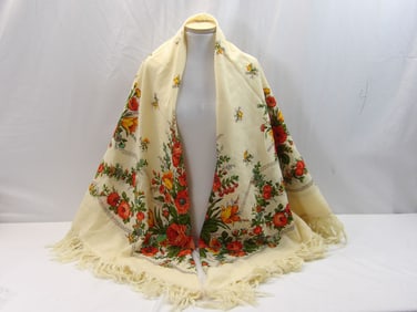 Vintage Cream Color Light Weight Wool Fringe Shawl with Flowers