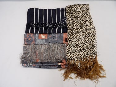 Lot of 3 Vintage Fringe Scarfs, Lauren, Animal Print Shawl Size, & Deco Print